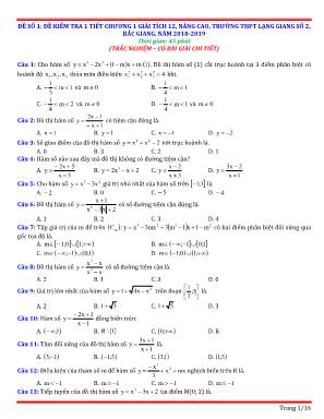 Bộ đề kiểm tra 1 tiết Chương 1 môn Giải tích (Nâng cao) Lớp 12 - Năm học 2018-2019 - Trường THPT Lạng Giang số 2