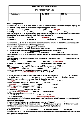 Bộ đề kiểm tra 1 tiết số 3 môn Tiếng Anh Lớp 12 - Trường THPT Nguyễn Trãi