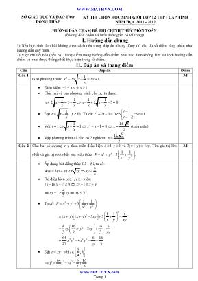 Đáp án đề thi chọn học sinh giỏi cấp tỉnh môn Toán Lớp 12 THPT - Năm học 2011-2012 - Sở giáo dục và đào tạo Đồng Tháp