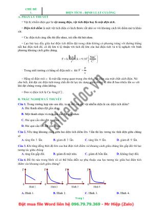 Đề cương ôn tập Vật lý Lớp 11 - Chủ đề 1: Điện tích – Định luật Culông