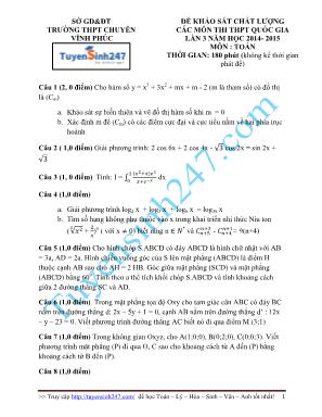 Đề khảo sát chất lượng các môn thi THPT Quốc gia môn Toán lần 3 - Năm học 2014-2015 - Trường THPT chuyên Vĩnh Phúc (Có đáp án)