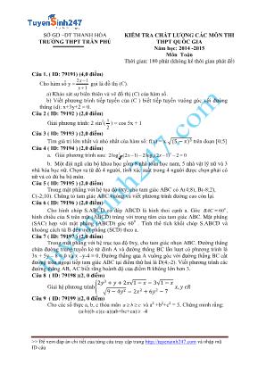 Đề khảo sát chất lượng các môn thi THPT Quốc gia môn Toán - Năm học 2014-2015 - Trường THPT Trần Phú (Có đáp án)