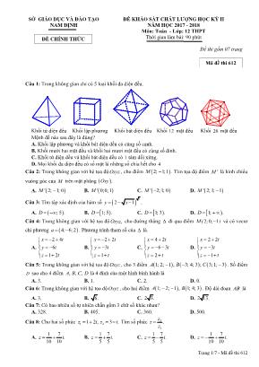 Đề khảo sát chất lượng học kì II môn Toán Lớp 12 THPT - Mã đề 612 - Năm học 2017-2018 - Sở giáo dục và đào tạo Nam Định (Có đáp án)