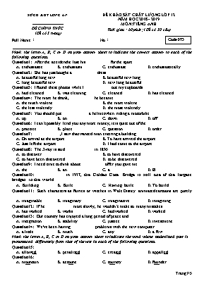 Đề khảo sát chất lượng môn Tiếng Anh Lớp 12 - Mã đề 073 - Năm học 2018-2019 - Sở giáo dục và đào tạo Long An