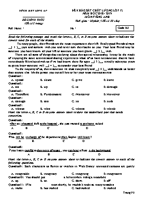 Đề khảo sát chất lượng môn Tiếng Anh Lớp 12 - Mã đề 161 - Năm học 2018-2019 - Sở giáo dục và đào tạo Long An