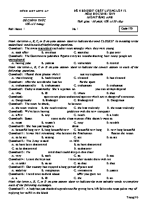 Đề khảo sát chất lượng môn Tiếng Anh Lớp 12 - Mã đề 170 - Năm học 2018-2019 - Sở giáo dục và đào tạo Long An