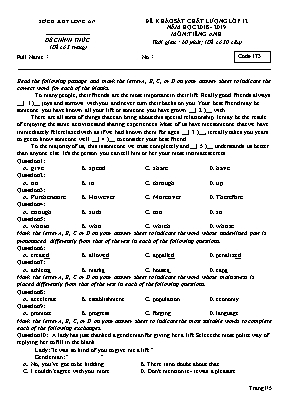 Đề khảo sát chất lượng môn Tiếng Anh Lớp 12 - Mã đề 173 - Năm học 2018-2019 - Sở giáo dục và đào tạo Long An