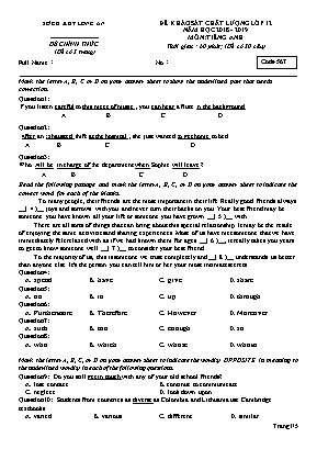 Đề khảo sát chất lượng môn Tiếng Anh Lớp 12 - Mã đề 567 - Năm học 2018-2019 - Sở giáo dục và đào tạo Long An