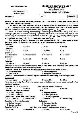 Đề khảo sát chất lượng môn Tiếng Anh Lớp 12 - Mã đề 675 - Năm học 2018-2019 - Sở giáo dục và đào tạo Long An
