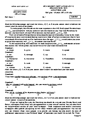 Đề khảo sát chất lượng môn Tiếng Anh Lớp 12 - Mã đề 865 - Năm học 2018-2019 - Sở giáo dục và đào tạo Long An