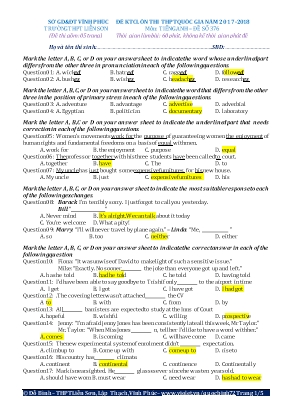 Đề khảo sát chất lượng ôn thi THPT Quốc gia môn Tiếng Anh - Đề số 376 - Năm học 2017-2018 - Đỗ Bình (Kèm đáp án)