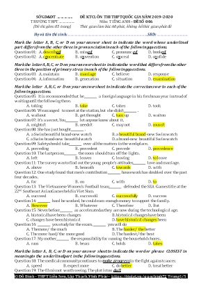 Đề khảo sát chất lượng ôn thi THPT Quốc gia môn Tiếng Anh - Đề số 006 - Năm học 2019-2020 - Đỗ Bình (Kèm đáp án)