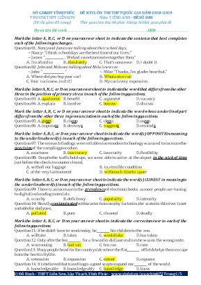 Đề khảo sát chất lượng ôn thi THPT Quốc gia môn Tiếng Anh - Đề số 080 - Năm học 2018-2019 - Đỗ Bình (Kèm đáp án)