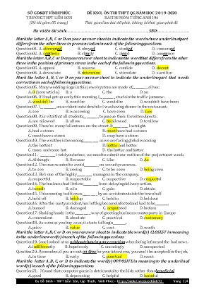 Đề khảo sát chất lượng ôn thi THPT Quốc gia môn Tiếng Anh - Mã đề 194 - Năm học 2019-2020 - Đỗ Bình (Kèm đáp án)