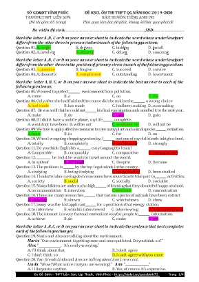 Đề khảo sát chất lượng ôn thi THPT Quốc gia môn Tiếng Anh - Mã đề 193 - Năm học 2019-2020 - Đỗ Bình (Kèm đáp án)