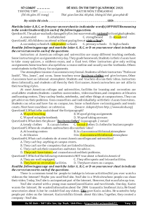 Đề khảo sát chất lượng ôn thi THPT Quốc gia môn Tiếng Anh năm 2021 - Mã đề 041 - Đỗ Bình