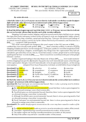 Đề khảo sát chất lượng ôn thi THPT Quốc gia tháng 01 môn Tiếng Anh - Đề gốc - Năm học 2019-2020 - Trường THPT Tam Đảo 2 (Kèm đáp án)
