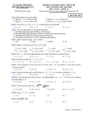 Đề khảo sát kiến thức chuẩn bị cho năm học mới môn Toán Lớp 12 - Mã đề 104 - Năm học 2019-2020 - Trường THPT Liễn Sơn