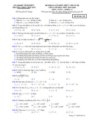 Đề khảo sát kiến thức chuẩn bị cho năm học mới môn Toán Lớp 12 - Mã đề 101 - Năm học 2019-2020 - Trường THPT Liễn Sơn