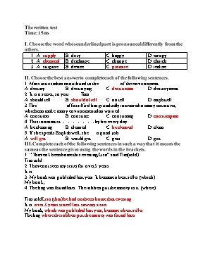 Đề kiểm tra 15 phút học kỳ II môn Tiếng Anh Lớp 10