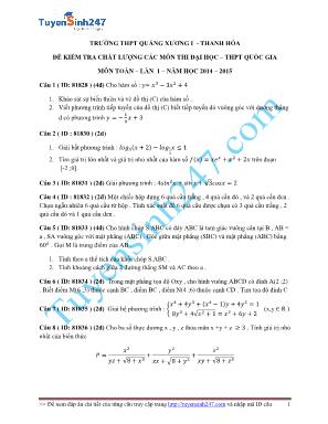 Đề kiểm tra chất lượng các môn thi Đại học - THPT Quốc gia môn Toán lần 1 - Năm học 2014-2015 - Trường THPT Quảng Xương (Có đáp án)