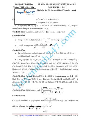 Đề kiểm tra chất lượng môn Toán Khối 12 - Năm học 2014-2015 - Trường THPT Lê Quý Đôn (Có đáp án)