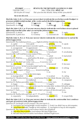 Đề kiểm tra chất lượng ôn thi THPT Quốc gia môn Tiếng Anh - Đề số 101 - Năm học 2019-2020 - Đỗ Bình (Kèm đáp án)
