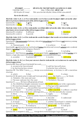 Đề kiểm tra chất lượng ôn thi THPT Quốc gia môn Tiếng Anh - Đề số 108 - Năm học 2019-2020 - Đỗ Bình (Kèm đáp án)