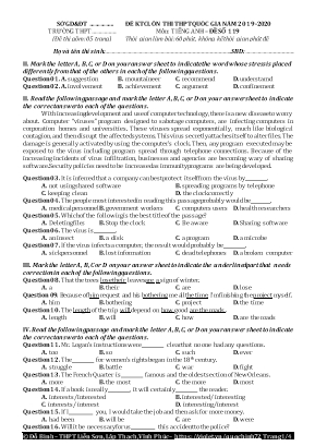 Đề kiểm tra chất lượng ôn thi THPT Quốc gia môn Tiếng Anh - Đề số 119 - Năm học 2019-2020 - Đỗ Bình (Kèm đáp án)