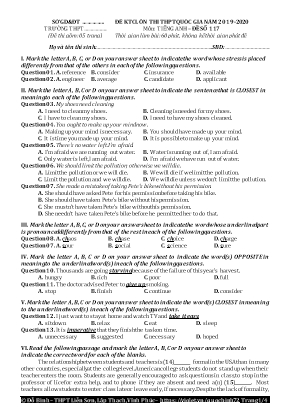 Đề kiểm tra chất lượng ôn thi THPT Quốc gia môn Tiếng Anh - Đề số 117 - Năm học 2019-2020 - Đỗ Bình (Kèm đáp án)