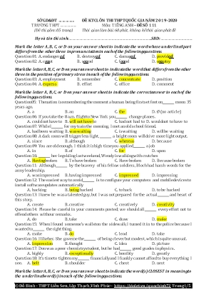 Đề kiểm tra chất lượng ôn thi THPT Quốc gia môn Tiếng Anh - Đề số 111 - Năm học 2019-2020 - Đỗ Bình (Kèm đáp án)