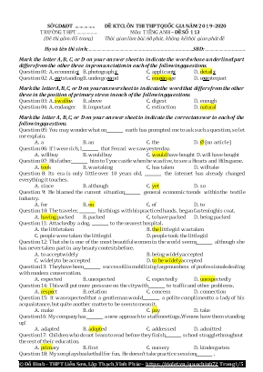 Đề kiểm tra chất lượng ôn thi THPT Quốc gia môn Tiếng Anh - Đề số 113 - Năm học 2019-2020 - Đỗ Bình (Kèm đáp án)