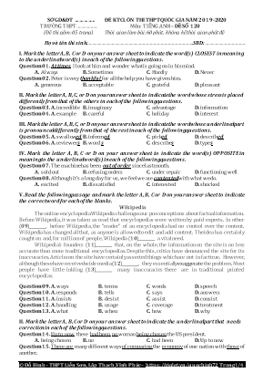 Đề kiểm tra chất lượng ôn thi THPT Quốc gia môn Tiếng Anh - Đề số 120 - Năm học 2019-2020 - Đỗ Bình (Kèm đáp án)