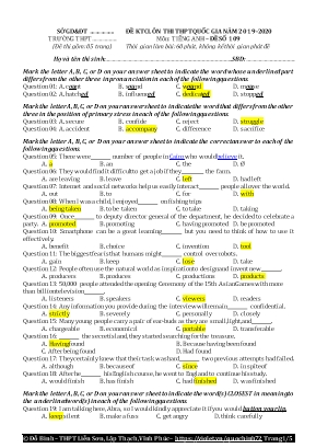 Đề kiểm tra chất lượng ôn thi THPT Quốc gia môn Tiếng Anh - Đề số 109 - Năm học 2019-2020 - Đỗ Bình (Kèm đáp án)