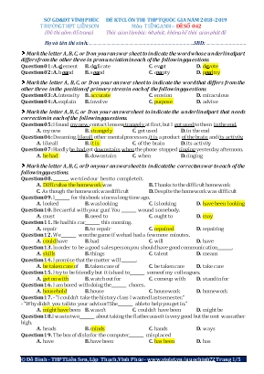 Đề kiểm tra chất lượng ôn thi THPT Quốc gia môn Tiếng Anh - Đề số 062 - Năm học 2018-2019 - Đỗ Bình (Kèm đáp án)