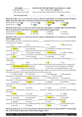 Đề kiểm tra chất lượng ôn thi THPT Quốc gia môn Tiếng Anh - Đề số 114 - Năm học 2019-2020 - Đỗ Bình (Kèm đáp án)