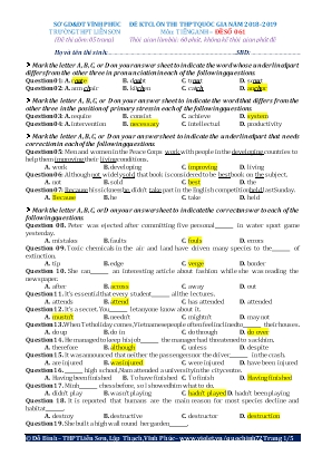 Đề kiểm tra chất lượng ôn thi THPT Quốc gia môn Tiếng Anh - Đề số 061 - Năm học 2018-2019 - Đỗ Bình (Kèm đáp án)