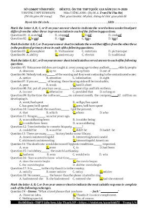 Đề kiểm tra chất lượng ôn thi THPT Quốc gia môn Tiếng Anh - Năm học 2019-2020 - Trần Thị Thu Hà (Kèm đáp án)
