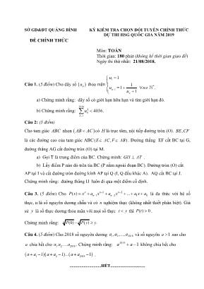 Đề kiểm tra chọn đội tuyển chính thức dự thi học sinh giỏi Quốc gia môn Toán năm 2019 - Sở giáo dục và đào tạo Quảng Bình (Có đáp án)