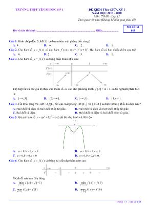 Đề kiểm tra giữa kỳ I môn Toán Lớp 12 - Mã đề 143 - Năm học 2019-2020 - Trường THPT Yên Phong số 1