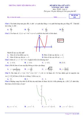 Đề kiểm tra giữa kỳ I môn Toán Lớp 12 - Mã đề 295 - Năm học 2019-2020 - Trường THPT Yên Phong số 1