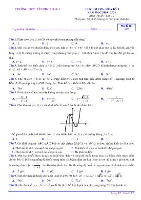 Đề kiểm tra giữa kỳ I môn Toán Lớp 12 - Mã đề 387 - Năm học 2019-2020 - Trường THPT Yên Phong số 1