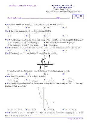 Đề kiểm tra giữa kỳ I môn Toán Lớp 12 - Mã đề 415 - Năm học 2019-2020 - Trường THPT Yên Phong số 1