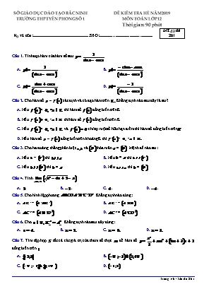 Đề kiểm tra hè môn Toán Lớp 12 năm 2019 - Mã đề 261 - Trường THPT Yên Phong số 1