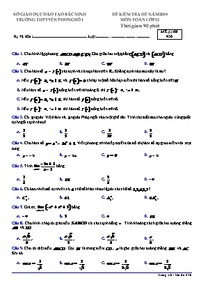 Đề kiểm tra hè môn Toán Lớp 12 năm 2019 - Mã đề 436 - Trường THPT Yên Phong số 1