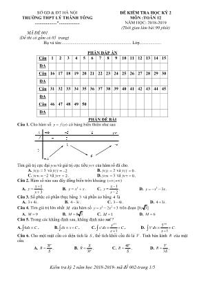 Đề kiểm tra học kì 2 môn Toán Lớp 12 - Mã đề 001 - Năm học 2018-2019 - Trường THPT Lý Thánh Tông