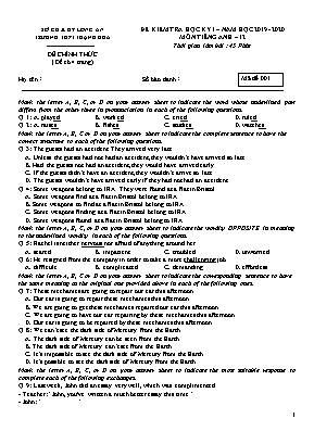 Đề kiểm tra học kỳ I môn Tiếng Anh Lớp 12 - Mã đề 001 - Năm học 2019-2020 - Trường THPT Thạnh Hóa