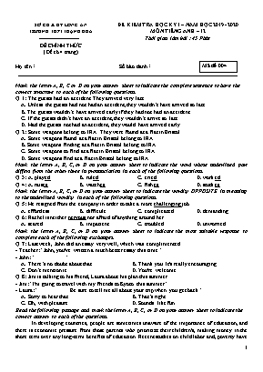 Đề kiểm tra học kỳ I môn Tiếng Anh Lớp 12 - Mã đề 004 - Năm học 2019-2020 - Trường THPT Thạnh Hóa