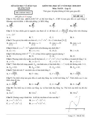 Đề kiểm tra học kỳ I môn Toán Lớp 12 - Mã đề 102 - Năm học 2018-2019 - Sở giáo dục và đào tạo Quảng Nam