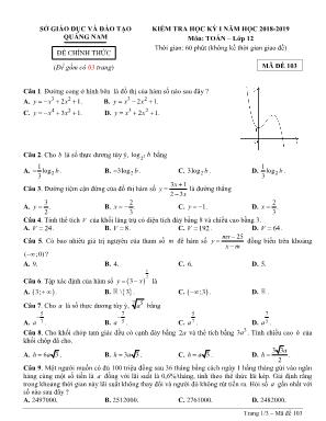 Đề kiểm tra học kỳ I môn Toán Lớp 12 - Mã đề 103 - Năm học 2018-2019 - Sở giáo dục và đào tạo Quảng Nam